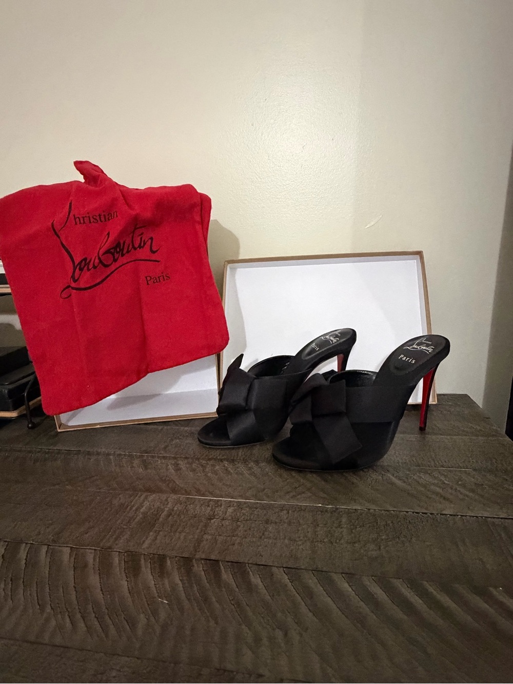 Christian Louboutin Black Satin Bow Heel Slides with Red Sole
